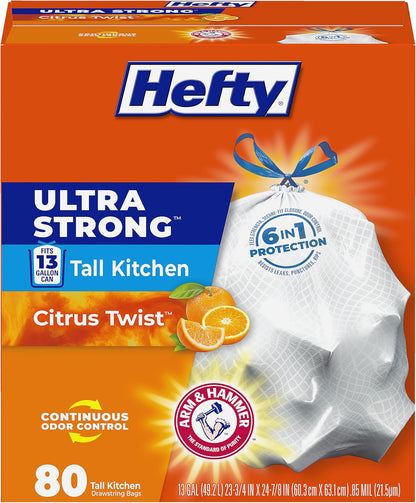 Hefty Ultra Strong 13 Gal Kitchen Trash Bags, White, Citrus Twist, 80ct