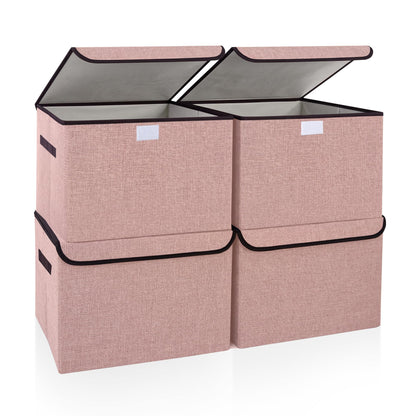 Bagnizer Large 17" 42 Quarts Collapsible Stackable Storage Bins with Lids [3-Pack] Foldable Fabric Linen Storage Boxes Cube, Closet Organizer Baskets with Label (16.7 x 12 x 12, Black)