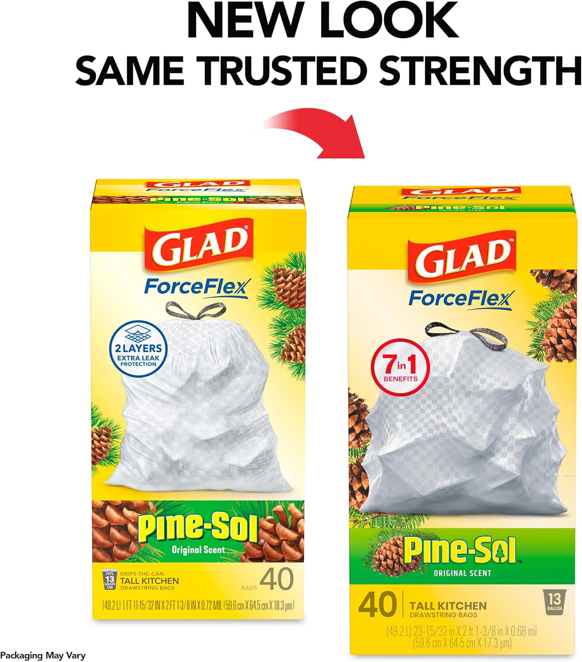 Glad ForceFlex Tall Kitchen Trash Bags, 13 Gallon, Pine-Sol Original, 40 Count (Package May Vary)