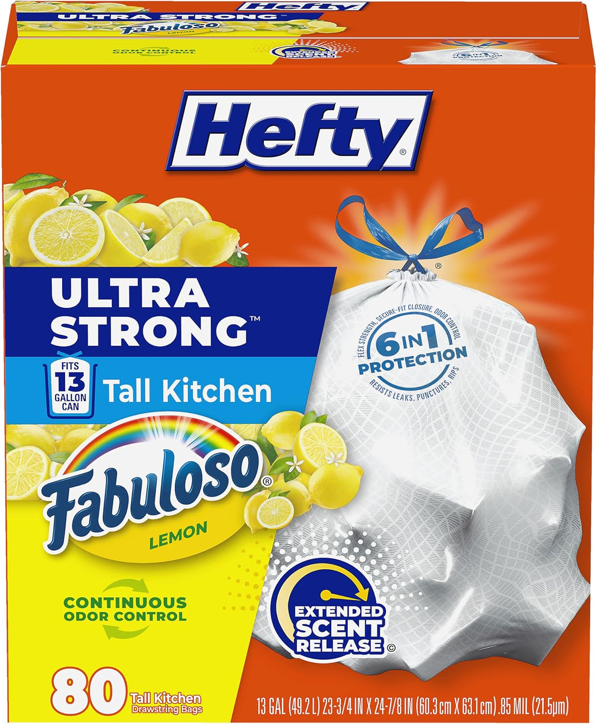Hefty Ultra Strong 13 Gal Kitchen Trash Bags, White, Fabuloso Lemon, 80ct