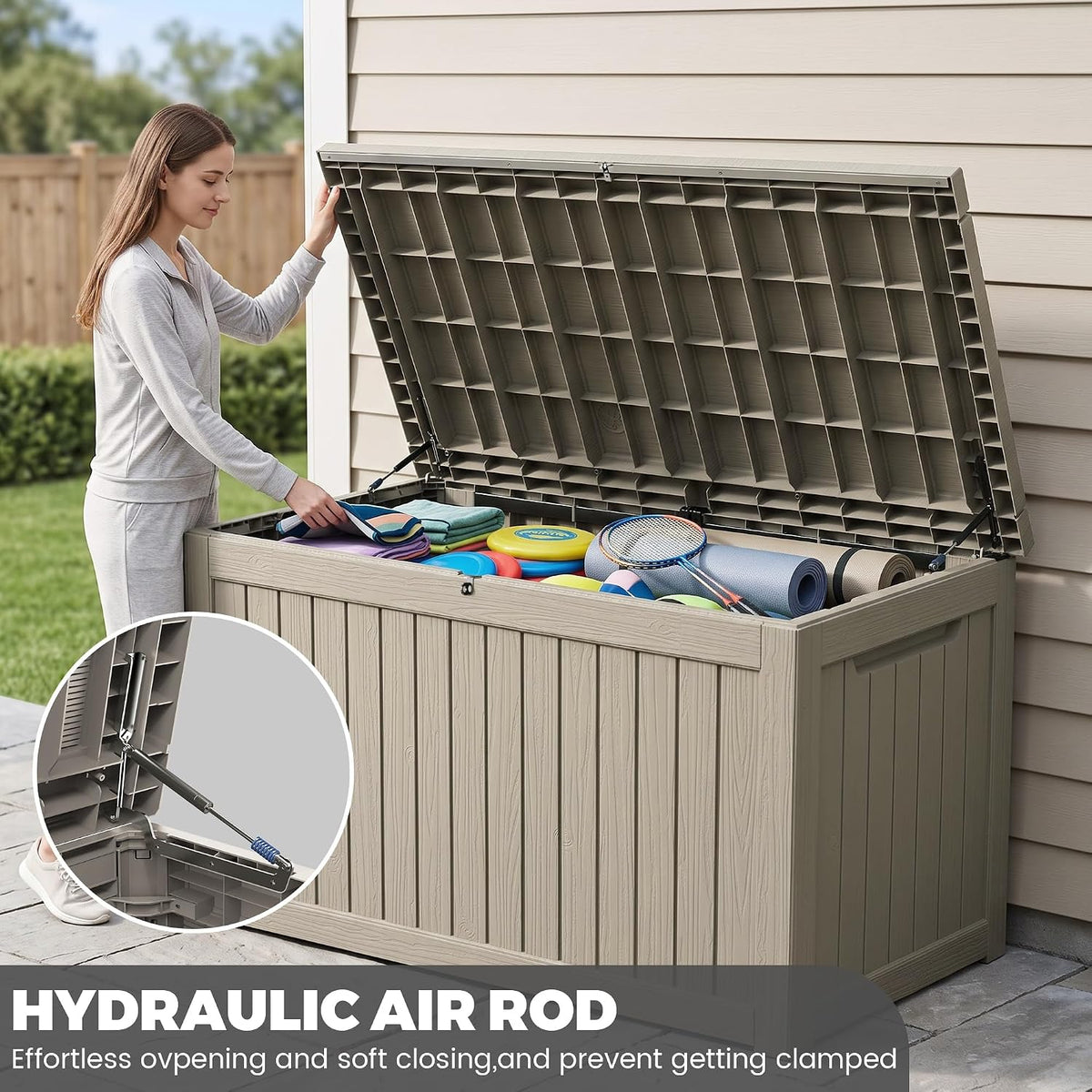 300 Gallon Resin Deck Box Waterproof Outdoor Storage Box for Patio Furniture Pool Accessories Indoor Storage for Cushion Garden Tools, Grey