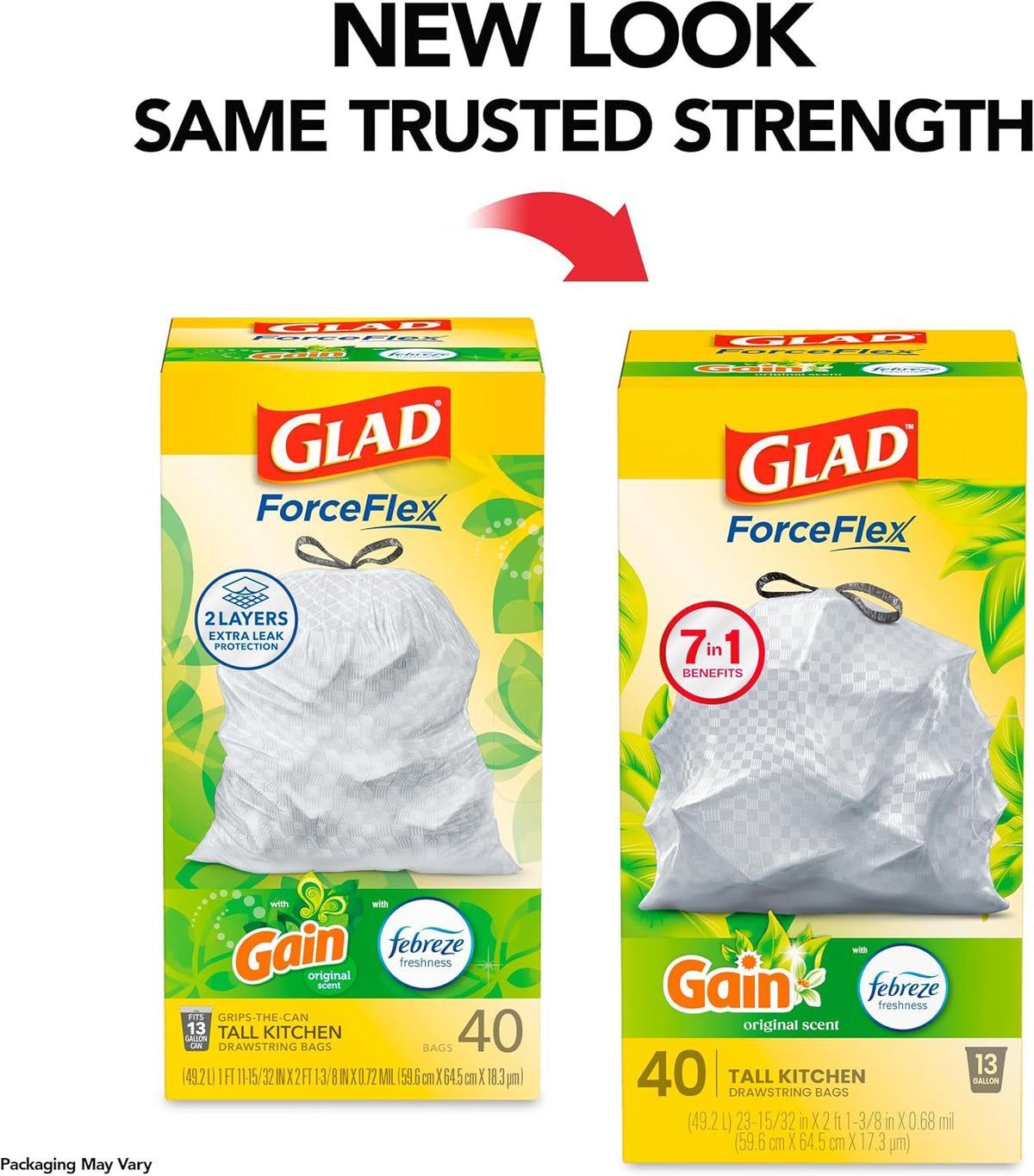Glad ForceFlex Tall Kitchen Trash Bags, 13 Gallon, Gain Original, 40 Count (Package May Vary)