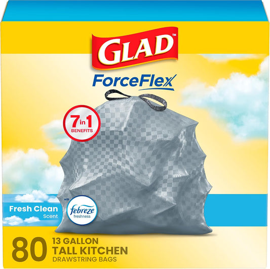 Glad Trash Bags, ForceFlex Tall Garbage Bags, 13 Gallon Grey Trash Bags for Tall Kitchen Trash Can, Fresh Clean with Febreze Freshness to Eliminate Odors, 80 Count (Packaging May Vary)