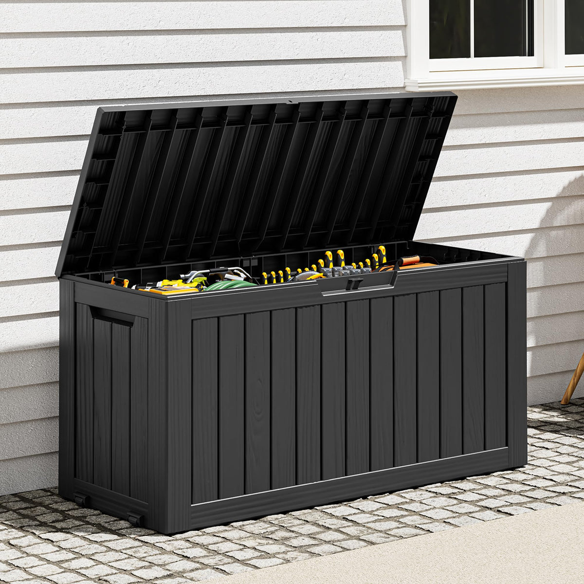Outdoor Storage Box, Resin Deck Boxes outdoor, Waterproof Storage Box Lockable Lid (Black, 50 Gallon)