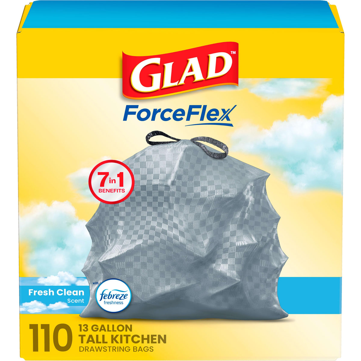 Glad Trash Bags, ForceFlex Tall Kitchen Drawstring Garbage Bags, Fresh Clean, 13 Gal, 40 Ct (Package May Vary)