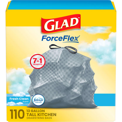 Glad Trash Bags, ForceFlex Tall Garbage Bags, 13 Gallon Grey Trash Bags for Tall Kitchen Trash Can, Fresh Clean with Febreze Freshness to Eliminate Odors, 80 Count (Packaging May Vary)