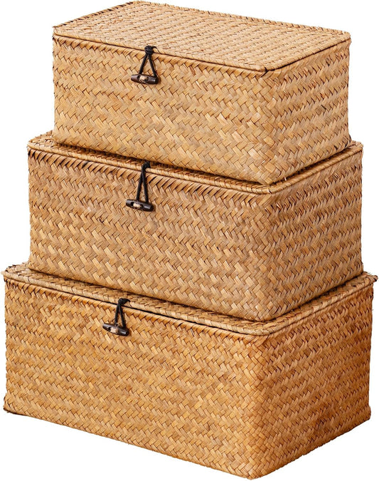 Nonam Wicker Storage Basket with Lid,Seagrass Shelf Basket Set of 3,Nautral