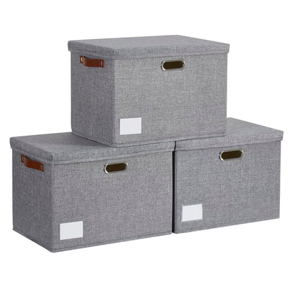 17" Large Fabric Storage Box with Lids, 3-Pack, Gray