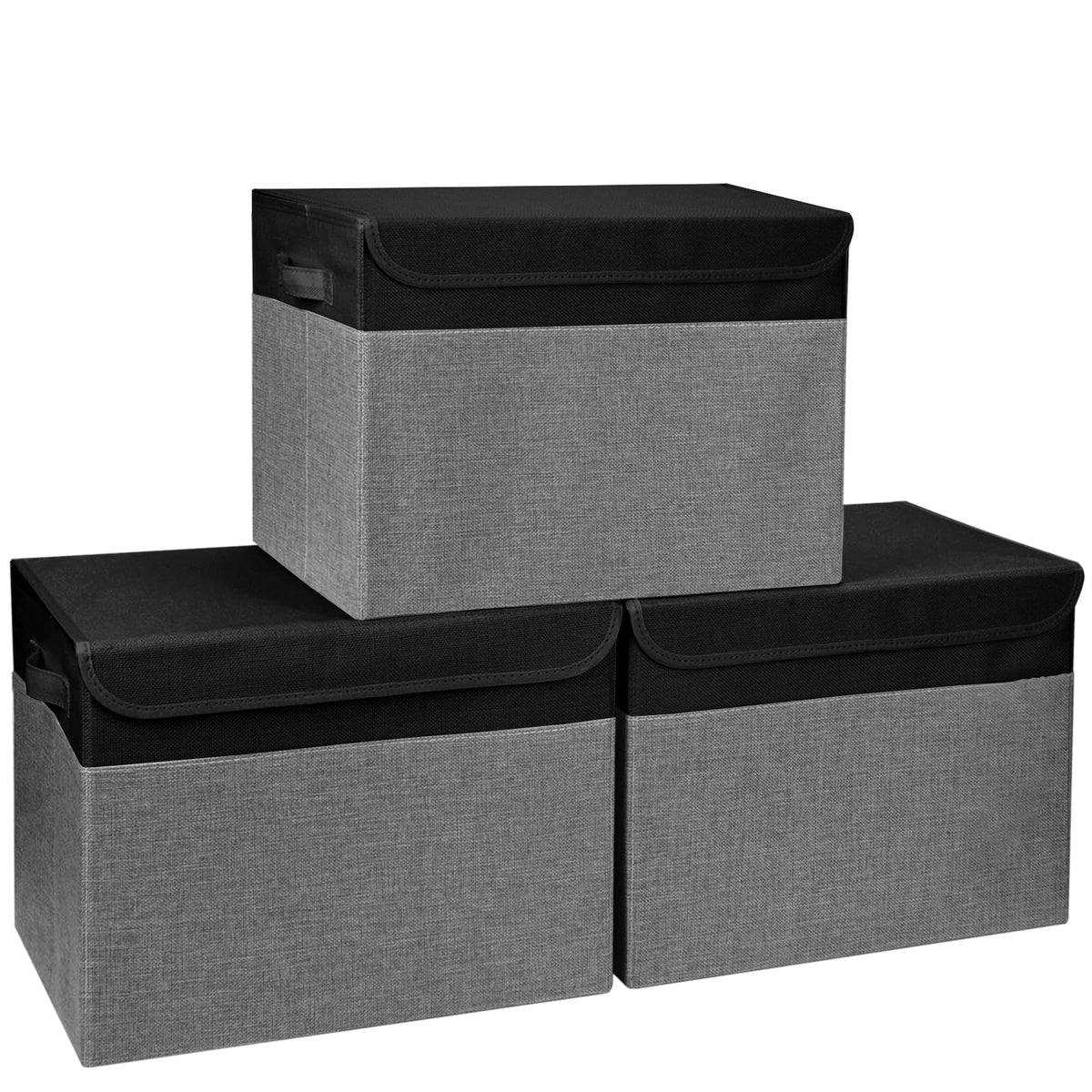 Bagnizer Large 17" 42 Quarts Collapsible Stackable Storage Bins with Lids [3-Pack] Foldable Fabric Linen Storage Boxes Cube, Closet Organizer Baskets with Label (16.7 x 12 x 12, Black)