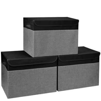 Bagnizer Large 17" 42 Quarts Collapsible Stackable Storage Bins with Lids [3-Pack] Foldable Fabric Linen Storage Boxes Cube, Closet Organizer Baskets with Label (16.7 x 12 x 12, Black)