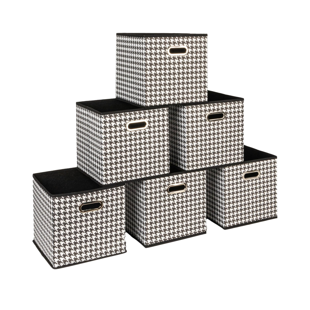 Household Essentials Foldable Fabric Storage Bins 6 Piece Set, Strong Poly-Woven Fabric, Sturdy Chipboard Sides, Grommet Front Handle, Stackable, Classic Design, Black