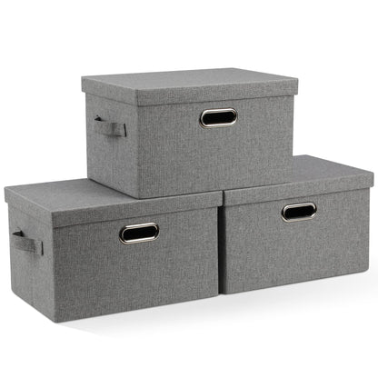 Graciadeco Large Quart Collapsible Stackable Storage Bins with Lids, 3 Packs Beige Linen Fabric Closet Boxes with Lids, Storage Cube Baskets Container Organizers for Bedroom Office(16.6 x 11.7 x 10.8)