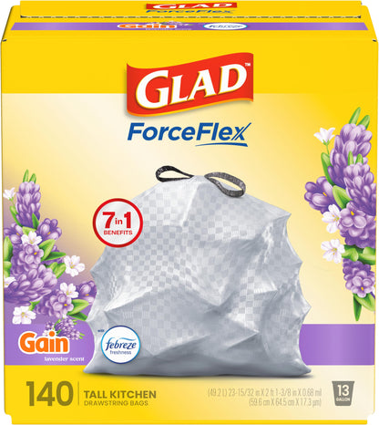 Glad ForceFlex Tall Kitchen Trash Bags, 13 Gallon, Gain Lavender, 40 Count (Package May Vary)