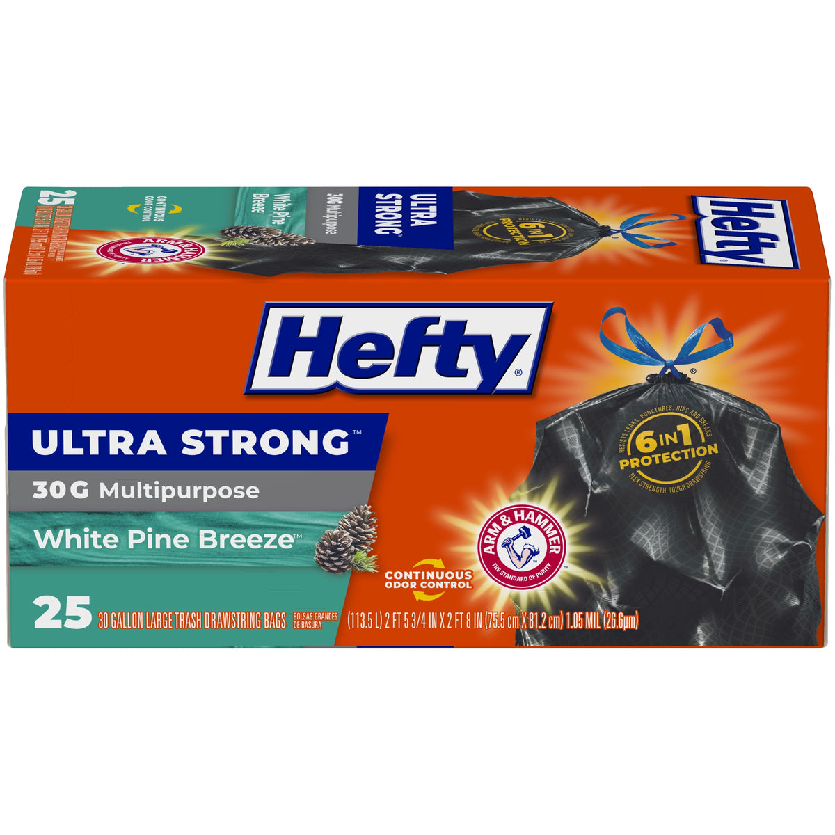 Hefty Ultra Strong 30 Gal Large Trash Bags, Black, White Pine Breeze, 50ct