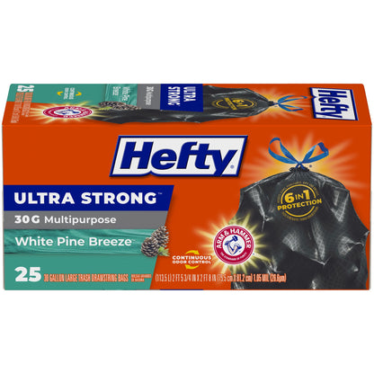 Hefty Ultra Strong 30 Gal Large Trash Bags, Black, White Pine Breeze, 50ct