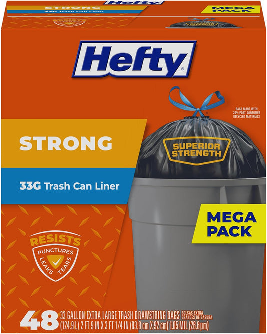 Hefty Strong 33 Gallon Trash Bags with Drawstrings, Black, Unscented, 48ct