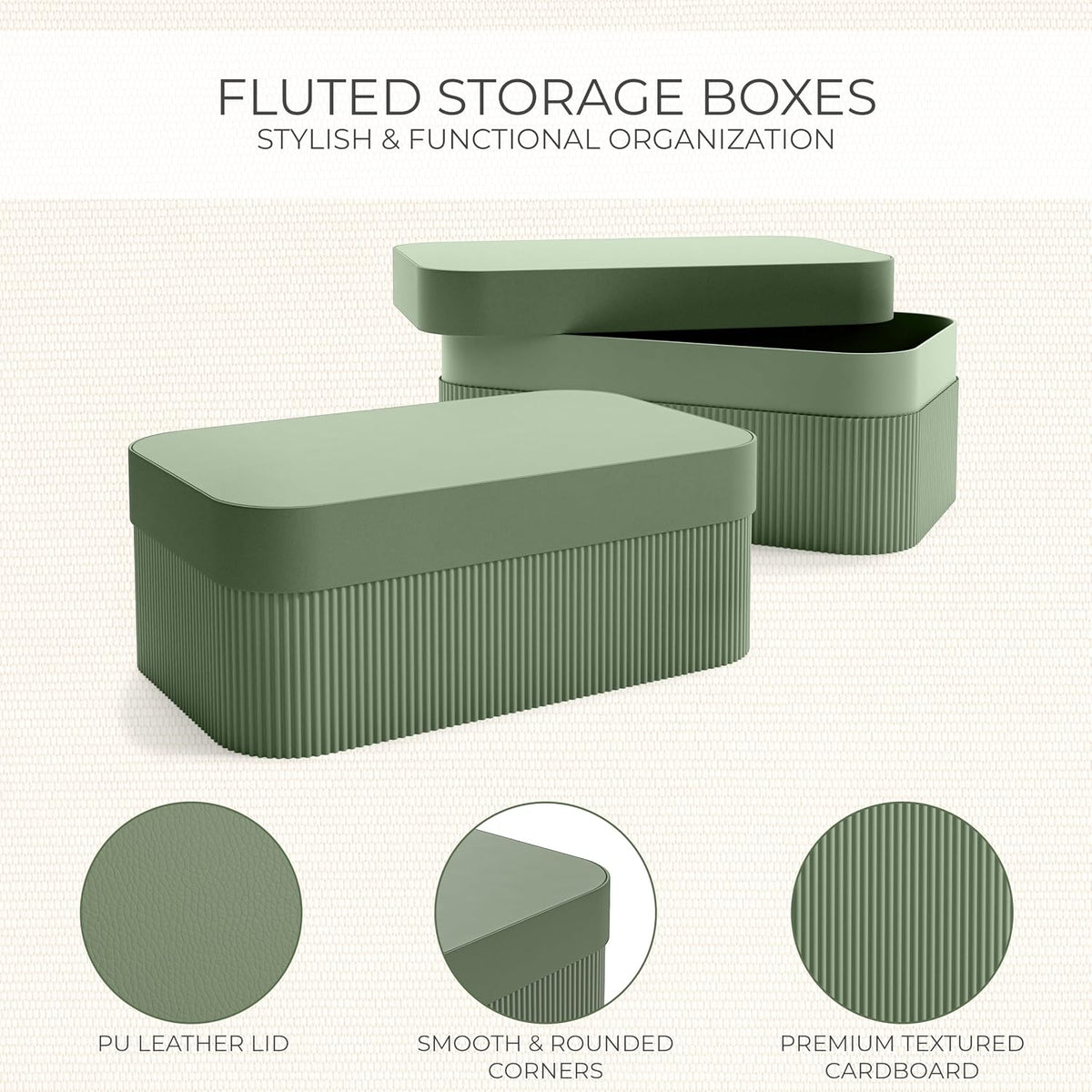 Decorative Storage Boxes with Lids - Set of 2 Fluted Photo Organizer Bins