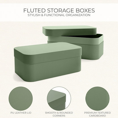 Decorative Storage Boxes with Lids - Set of 2 Fluted Photo Organizer Bins