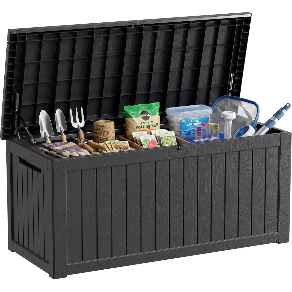 300 Gallon Resin Deck Box Waterproof Outdoor Storage Box for Patio Furniture Pool Accessories Indoor Storage for Cushion Garden Tools, Grey