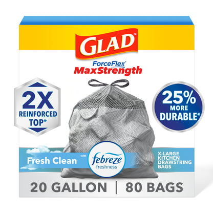 Glad ForceFlex MaxStrength Drawstring XL Kitchen Trash Bags, 20 Gal, Gain, 80 Ct (Package May Vary)