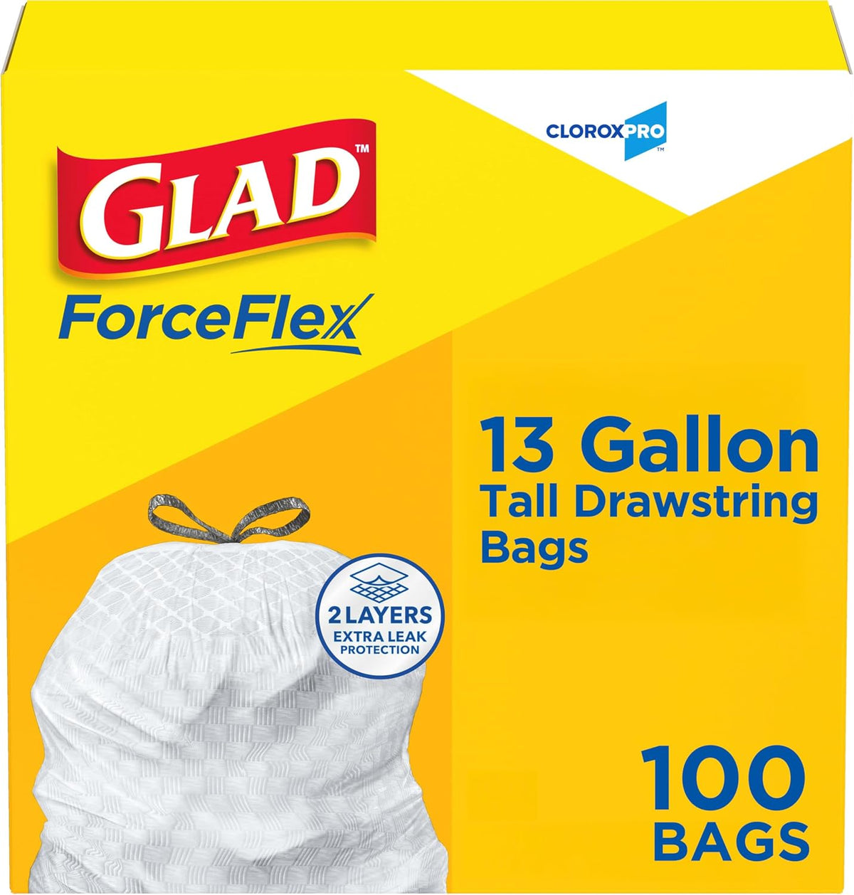 Glad ForceFlex Tall Kitchen Trash Bags, Clorox Pro, 13 Gallon, 100 Count