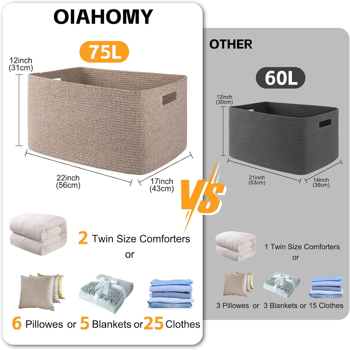 OIAHOMY 75L Large Blanket Basket Woven Cotton Rope Storage Basket Brown