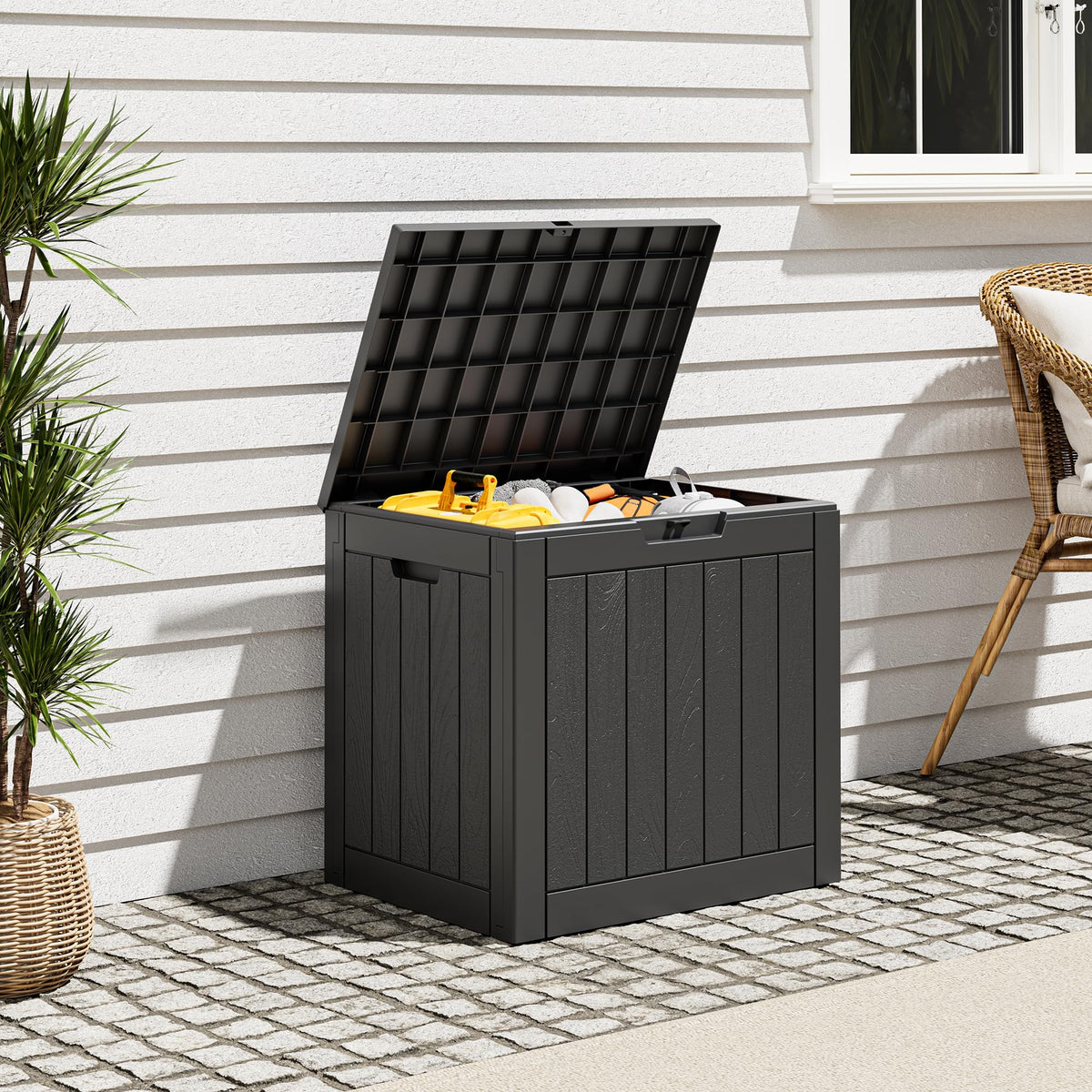 Outdoor Storage Box, Resin Deck Boxes outdoor, Waterproof Storage Box Lockable Lid (Black, 50 Gallon)