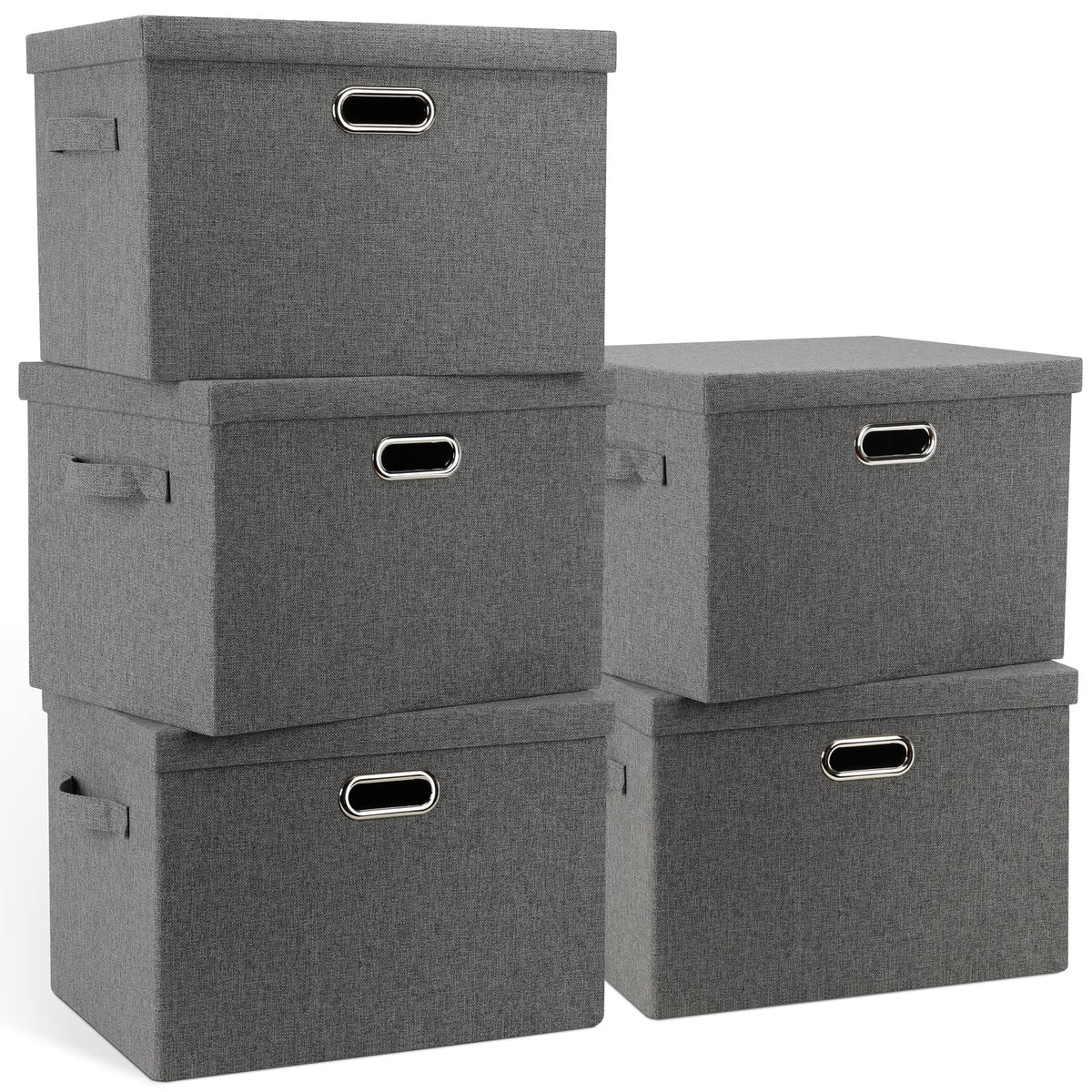 Graciadeco Large Quart Collapsible Stackable Storage Bins with Lids, 3 Packs Beige Linen Fabric Closet Boxes with Lids, Storage Cube Baskets Container Organizers for Bedroom Office(16.6 x 11.7 x 10.8)
