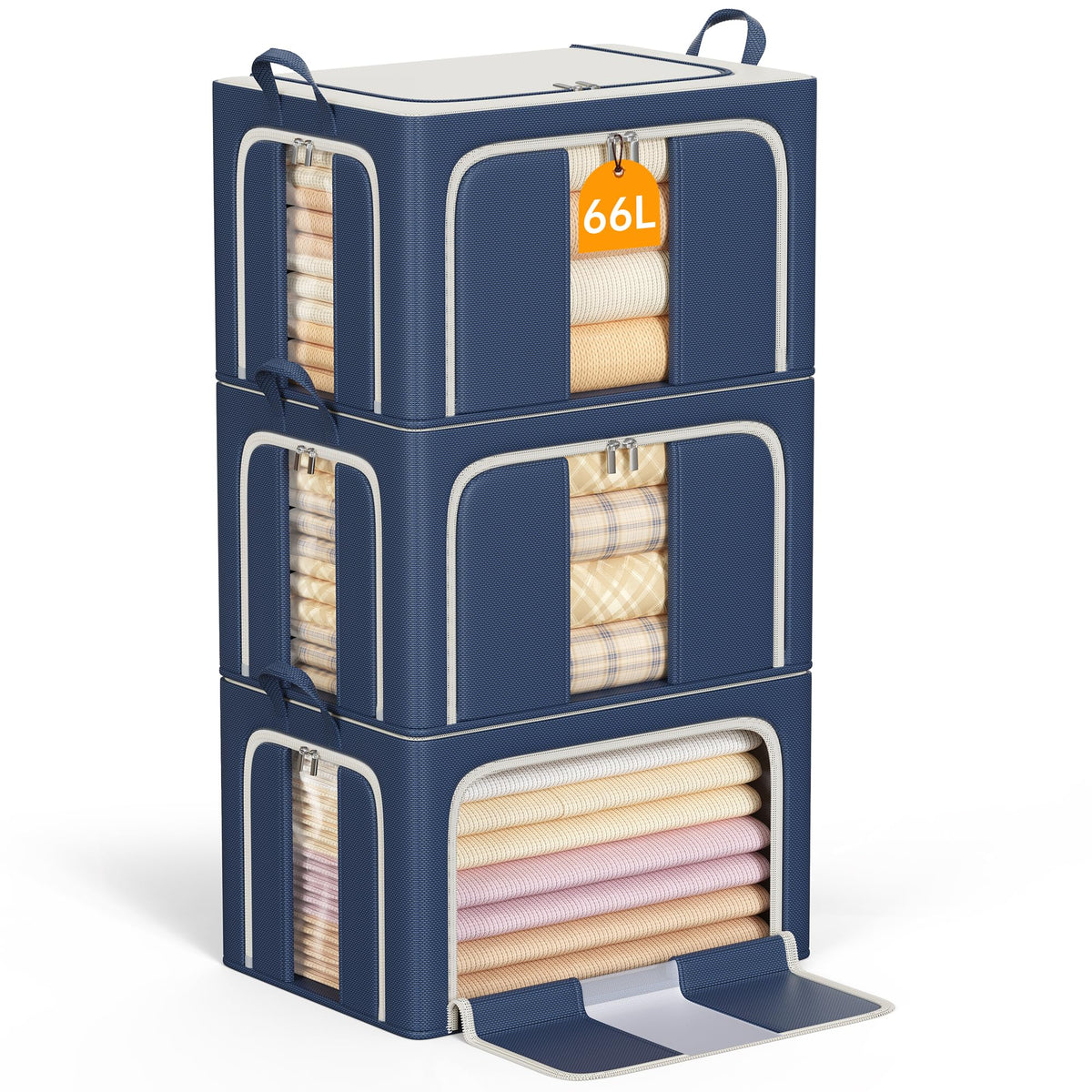 Clothes Storage Bins with Metal Frame Foldable Storage Box Clothes Organizers Storage Containers for Clothes Sheets Blankets Books Toys Gifts and Holiday Decorations (66Lx3 Pack)