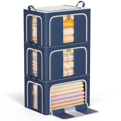 Clothes Storage Bins with Metal Frame Foldable Storage Box Clothes Organizers Storage Containers for Clothes Sheets Blankets Books Toys Gifts and Holiday Decorations (66Lx3 Pack)