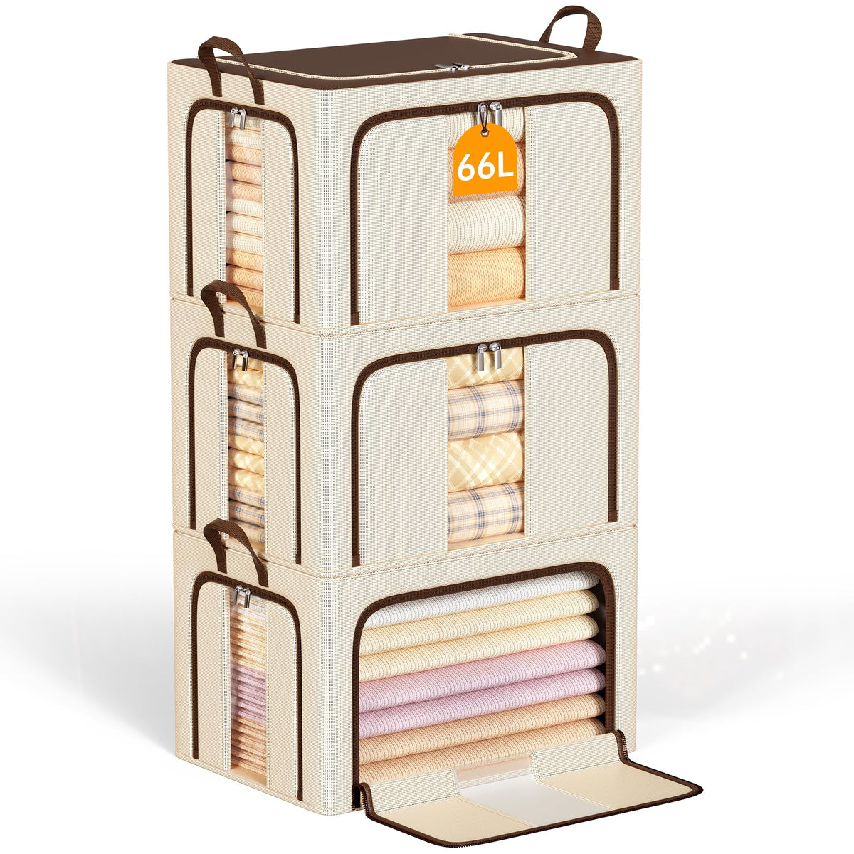 Clothes Storage Bins with Metal Frame Foldable Storage Box Clothes Organizers Storage Containers for Clothes Sheets Blankets Books Toys Gifts and Holiday Decorations (66Lx3 Pack)