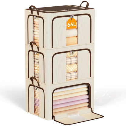 Clothes Storage Bins with Metal Frame Foldable Storage Box Clothes Organizers Storage Containers for Clothes Sheets Blankets Books Toys Gifts and Holiday Decorations (66Lx3 Pack)