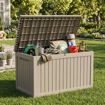 300 Gallon Resin Deck Box Waterproof Outdoor Storage Box for Patio Furniture Pool Accessories Indoor Storage for Cushion Garden Tools, Grey