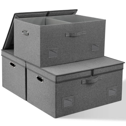 Graciadeco Large Quart Collapsible Stackable Storage Bins with Lids, 3 Packs Beige Linen Fabric Closet Boxes with Lids, Storage Cube Baskets Container Organizers for Bedroom Office(16.6 x 11.7 x 10.8)
