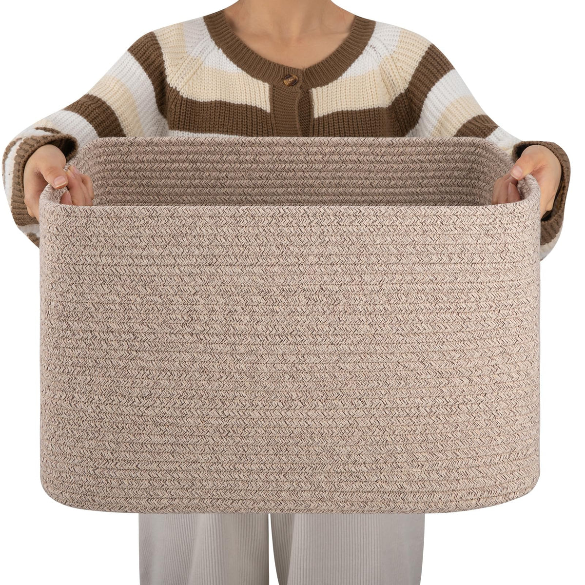 OIAHOMY 75L Large Blanket Basket Woven Cotton Rope Storage Basket Brown