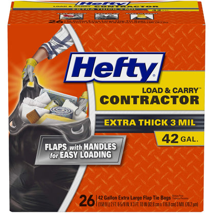 Hefty Load and Carry Contractor 42 Gallon Trash Bags, 3.0 Mil, 26ct
