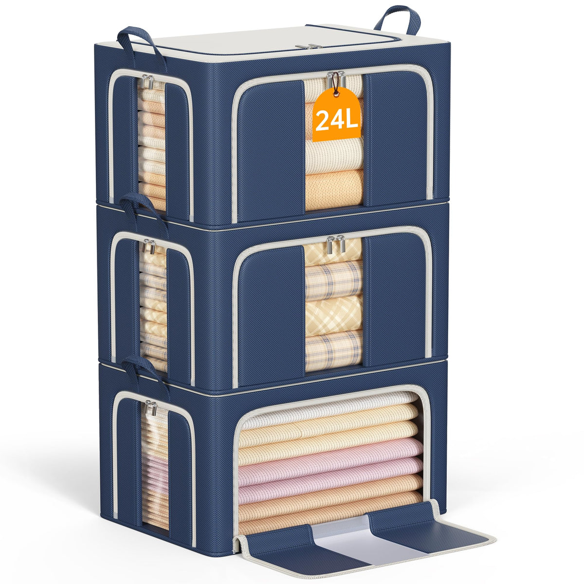 Clothes Storage Bins with Metal Frame Foldable Storage Box Clothes Organizers Storage Containers for Clothes Sheets Blankets Books Toys Gifts and Holiday Decorations (66Lx3 Pack)