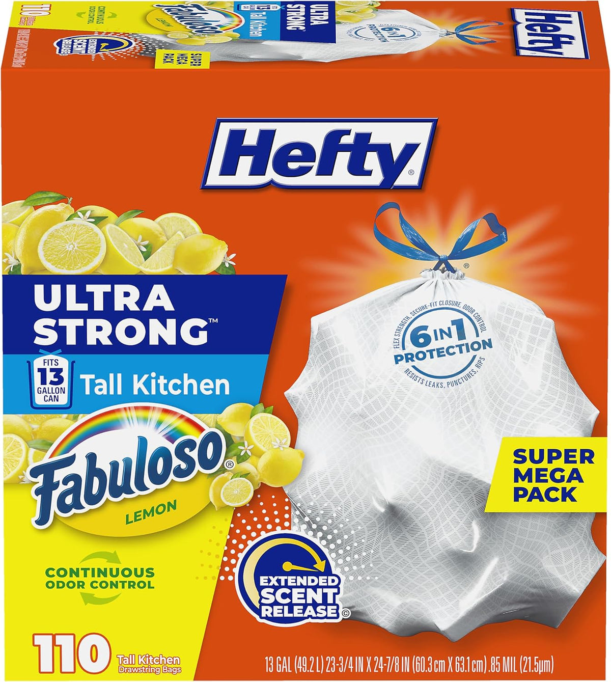 Hefty Ultra Strong 13 Gal Kitchen Trash Bags, White, Fabuloso Lemon, 110ct