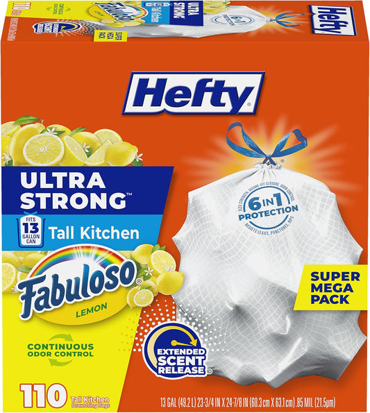 Hefty Ultra Strong 13 Gal Kitchen Trash Bags, White, Fabuloso Lemon, 110ct