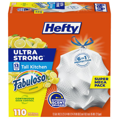 Hefty Ultra Strong 13 Gal Kitchen Trash Bags, White, Fabuloso Lemon, 110ct