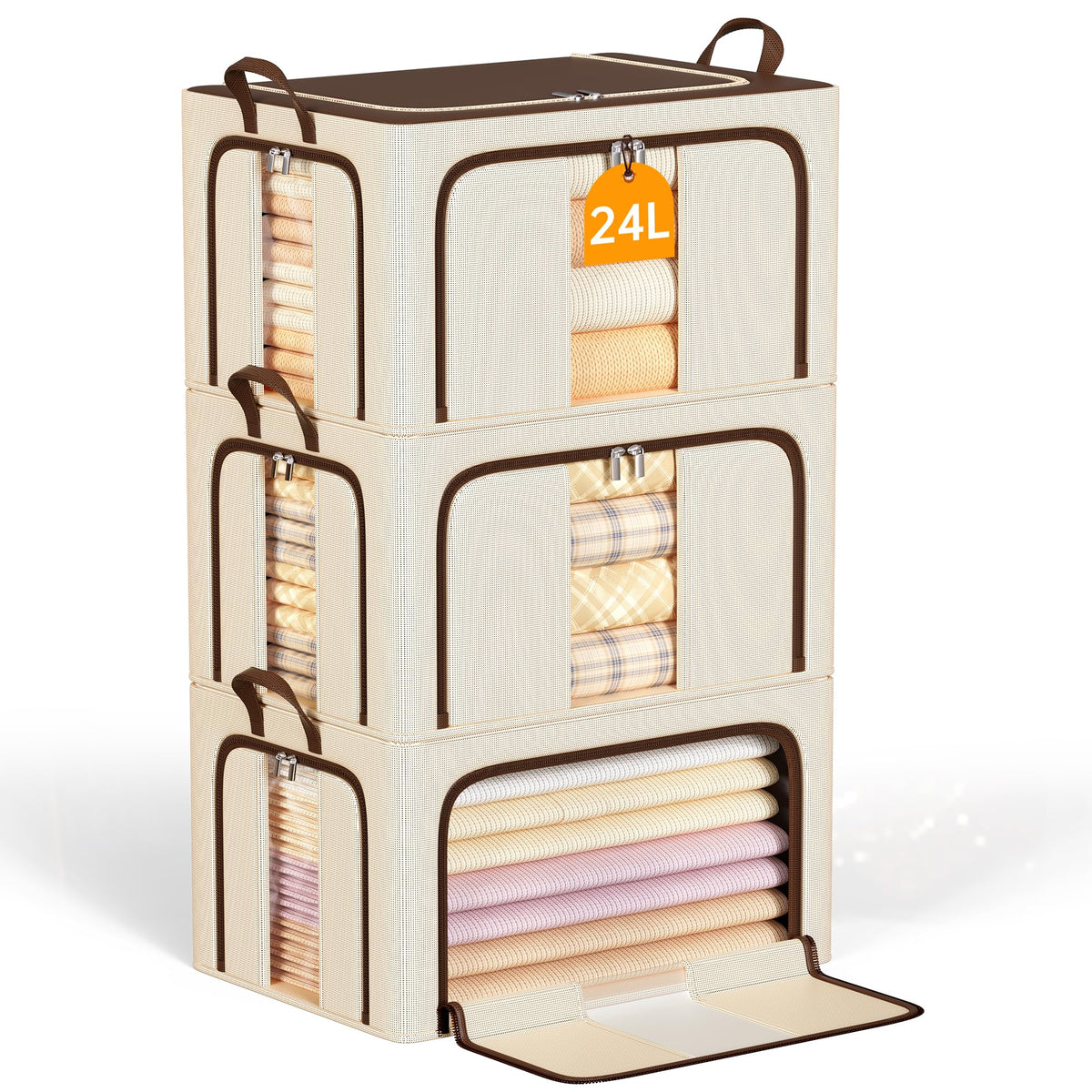 Clothes Storage Bins with Metal Frame Foldable Storage Box Clothes Organizers Storage Containers for Clothes Sheets Blankets Books Toys Gifts and Holiday Decorations (66Lx3 Pack)