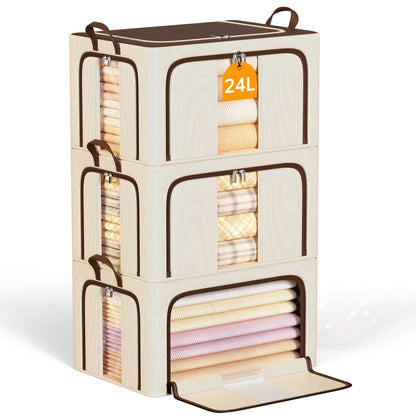 Clothes Storage Bins with Metal Frame Foldable Storage Box Clothes Organizers Storage Containers for Clothes Sheets Blankets Books Toys Gifts and Holiday Decorations (66Lx3 Pack)
