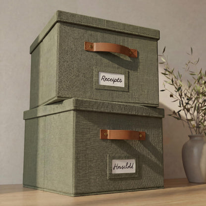 Decorative File Organizer Box Set of 2 - Collapsible Linen Filing Cabinets