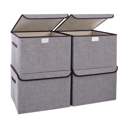 Bagnizer Large 17" 42 Quarts Collapsible Stackable Storage Bins with Lids [3-Pack] Foldable Fabric Linen Storage Boxes Cube, Closet Organizer Baskets with Label (16.7 x 12 x 12, Black)