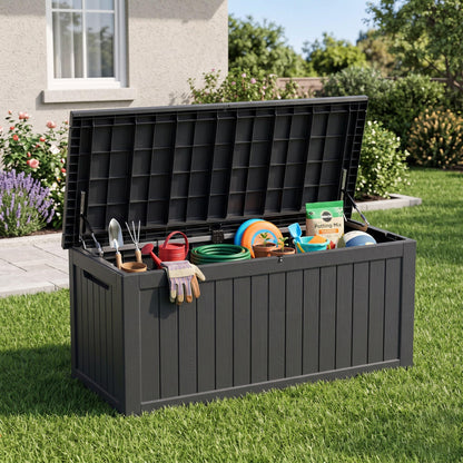 300 Gallon Resin Deck Box Waterproof Outdoor Storage Box for Patio Furniture Pool Accessories Indoor Storage for Cushion Garden Tools, Grey