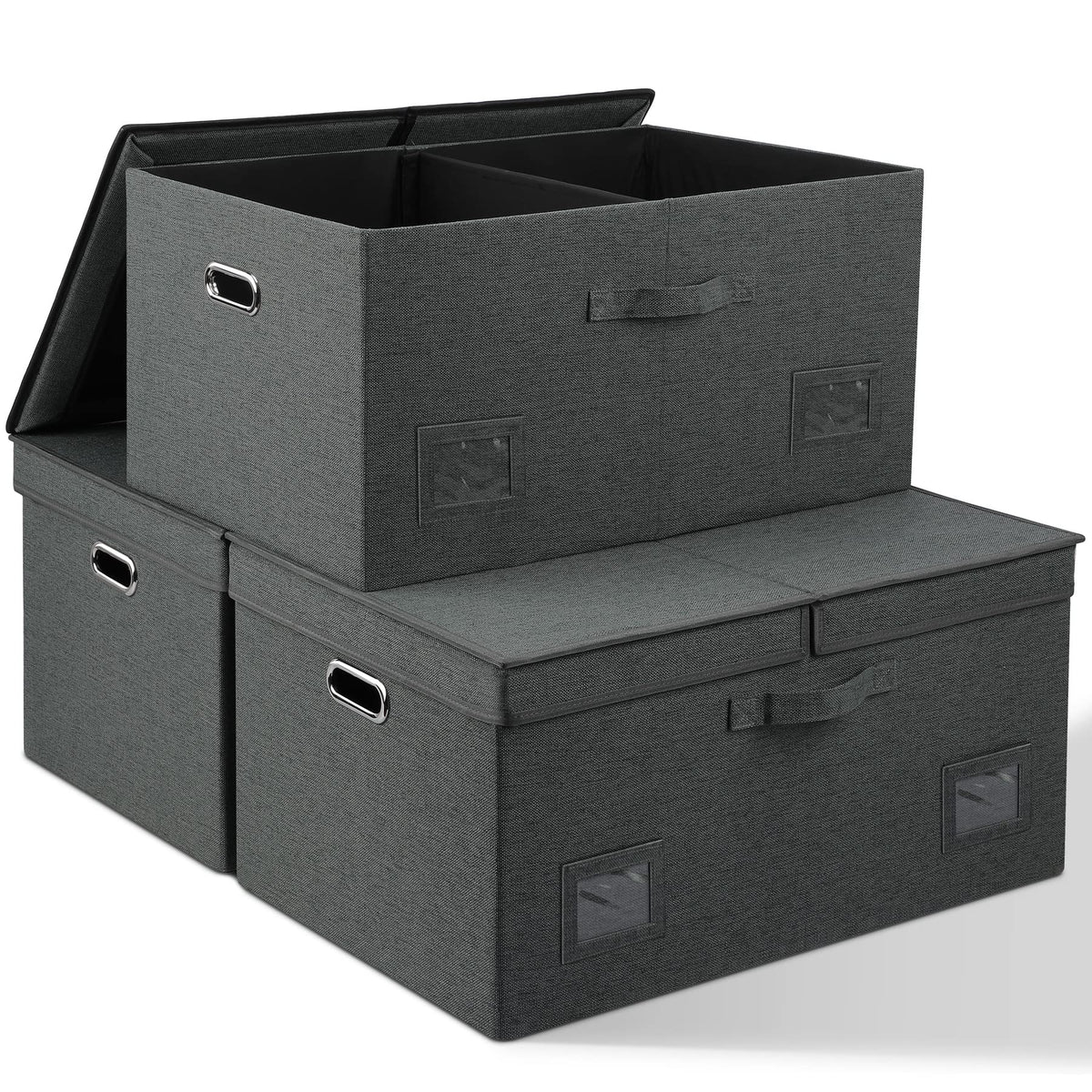 Graciadeco Large Quart Collapsible Stackable Storage Bins with Lids, 3 Packs Beige Linen Fabric Closet Boxes with Lids, Storage Cube Baskets Container Organizers for Bedroom Office(16.6 x 11.7 x 10.8)