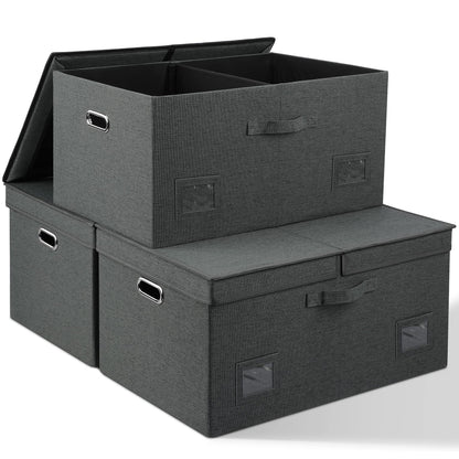 Graciadeco Large Quart Collapsible Stackable Storage Bins with Lids, 3 Packs Beige Linen Fabric Closet Boxes with Lids, Storage Cube Baskets Container Organizers for Bedroom Office(16.6 x 11.7 x 10.8)