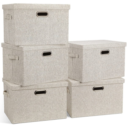 Graciadeco Large Quart Collapsible Stackable Storage Bins with Lids, 3 Packs Beige Linen Fabric Closet Boxes with Lids, Storage Cube Baskets Container Organizers for Bedroom Office(16.6 x 11.7 x 10.8)