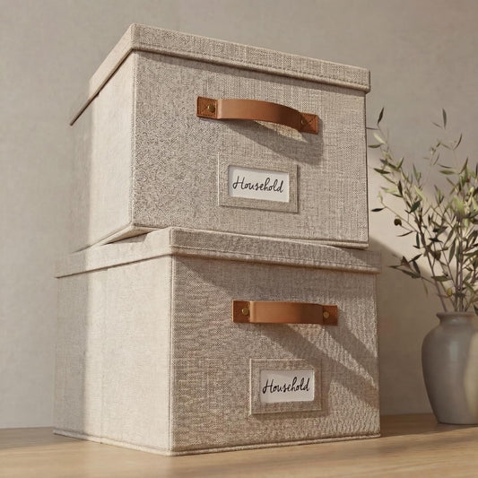 Decorative File Organizer Box Set of 2 - Collapsible Linen Filing Cabinets