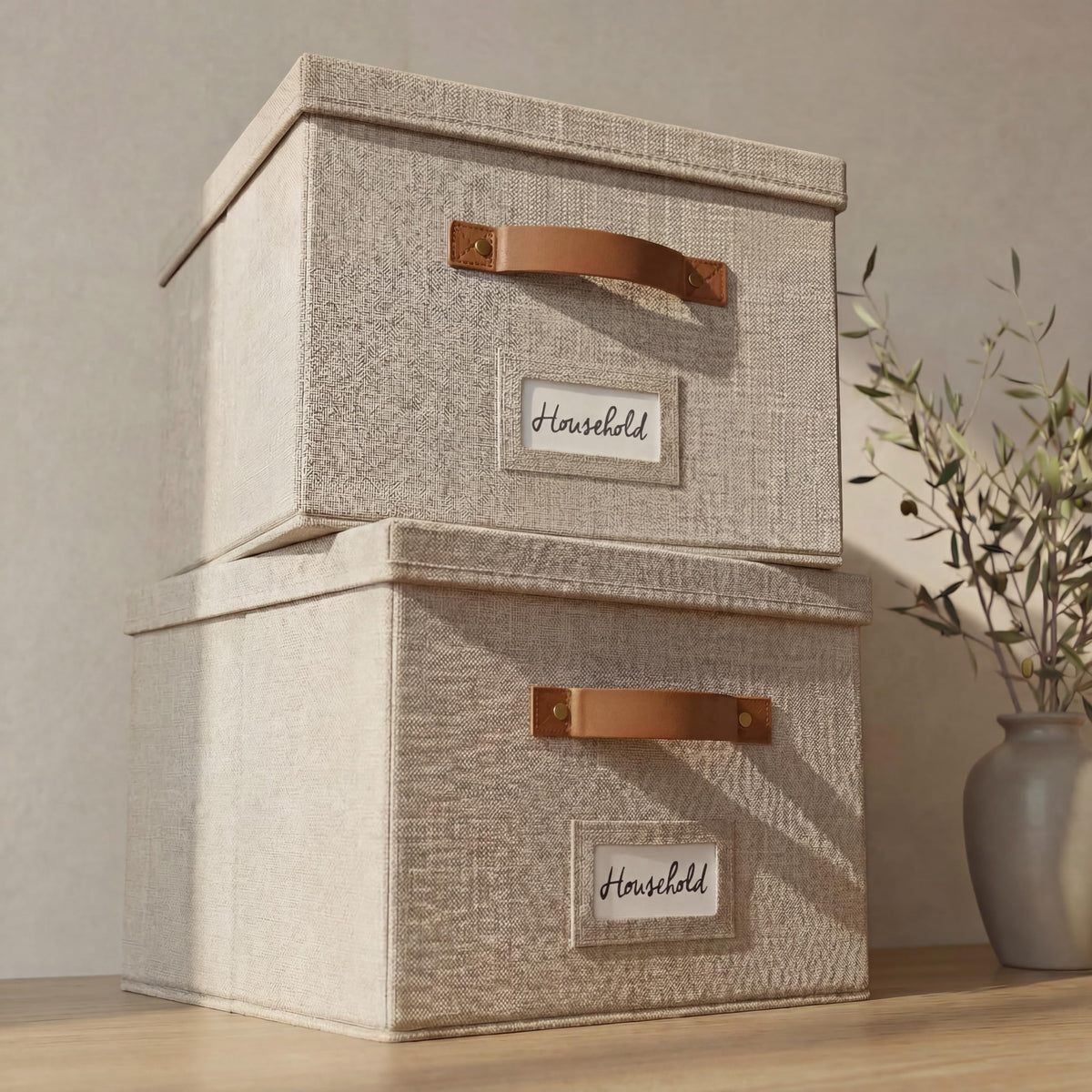 Decorative File Organizer Box Set of 2 - Collapsible Linen Filing Cabinets